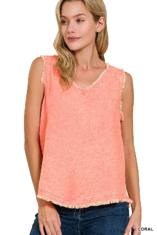 Zenana Washed Linen Frayed Edge V-Neck Sleeveless Top