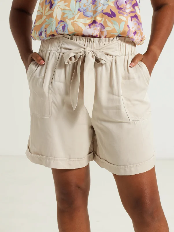 Paperbag Utility Mid Thigh Shorts - Stone