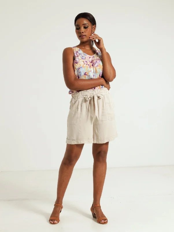 Paperbag Utility Mid Thigh Shorts - Stone