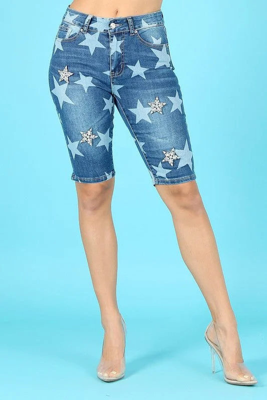 Star Print Knee-Length Denim Shorts