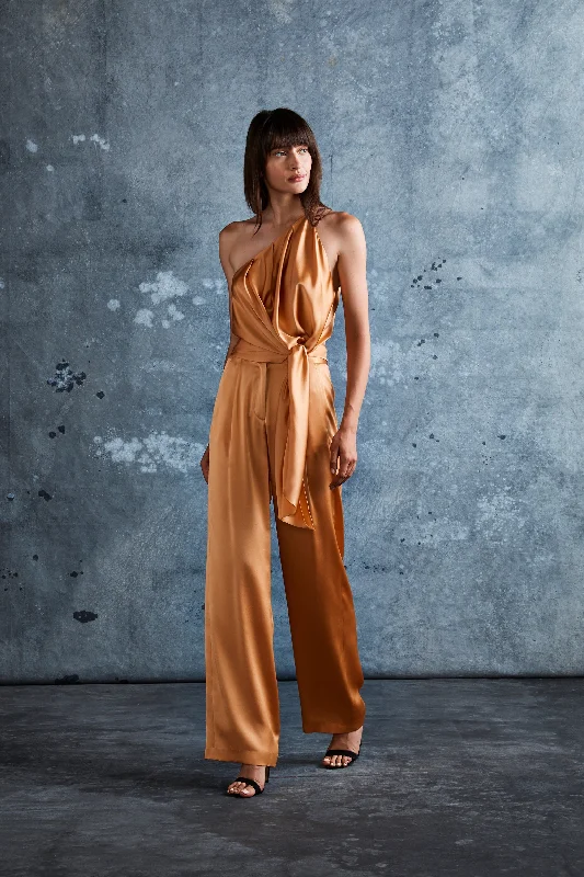 Apricot Silk Charmeuse Wide Leg Trouser