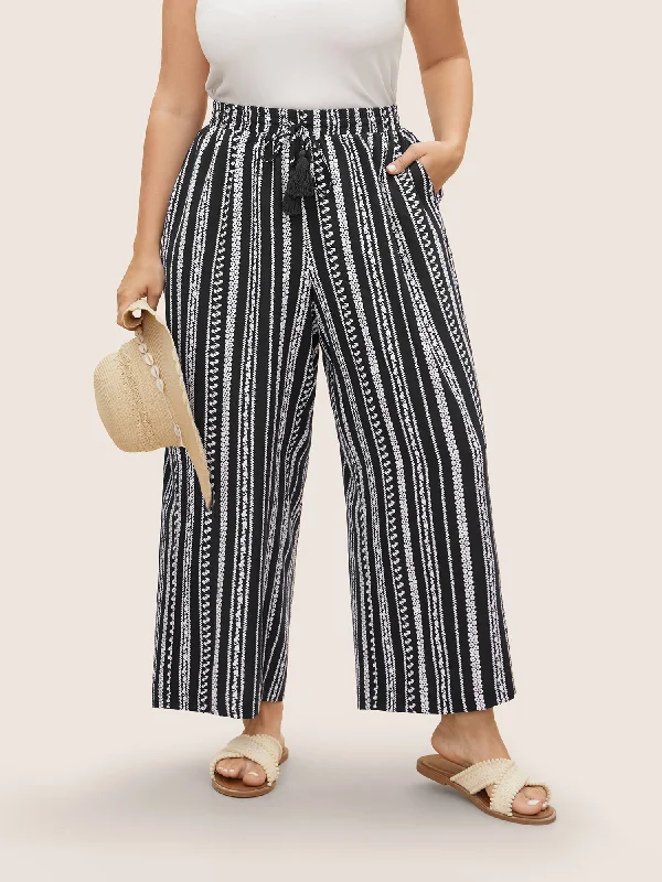 Bandana Striped Tassel Drawstring Wide Leg Pants