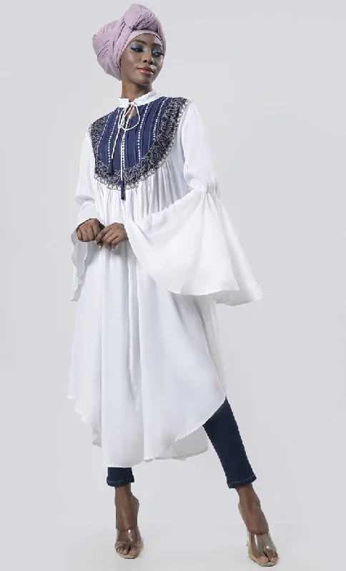 Beautiful embroidered yoke detailing asymmetric tunic