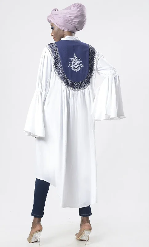 Beautiful embroidered yoke detailing asymmetric tunic