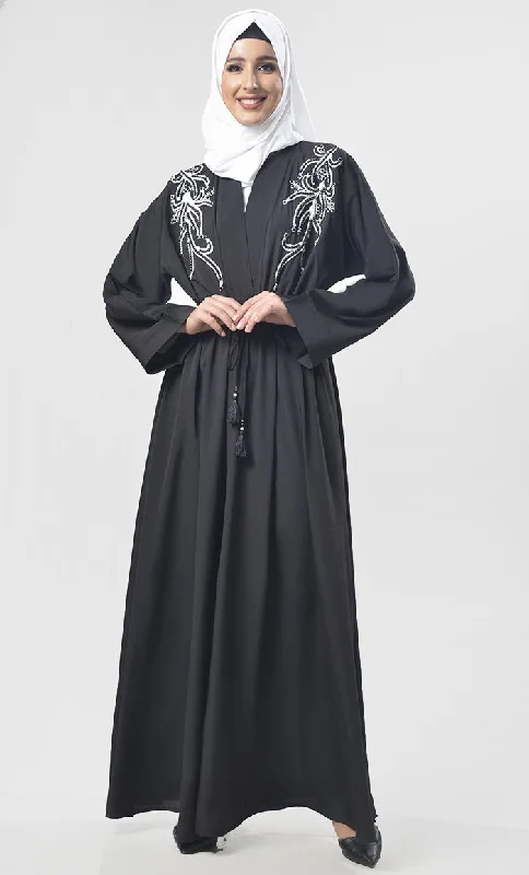 Black Beads And Dori Work Intricate Detailing Abaya