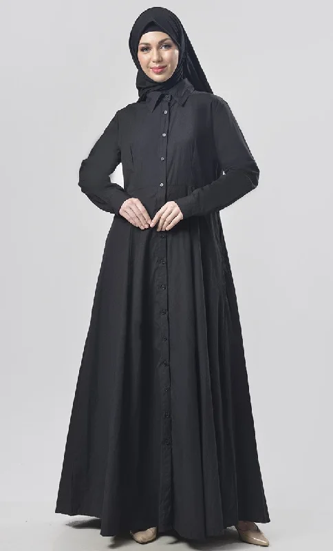 Black Flared Front Open Button Down Abaya