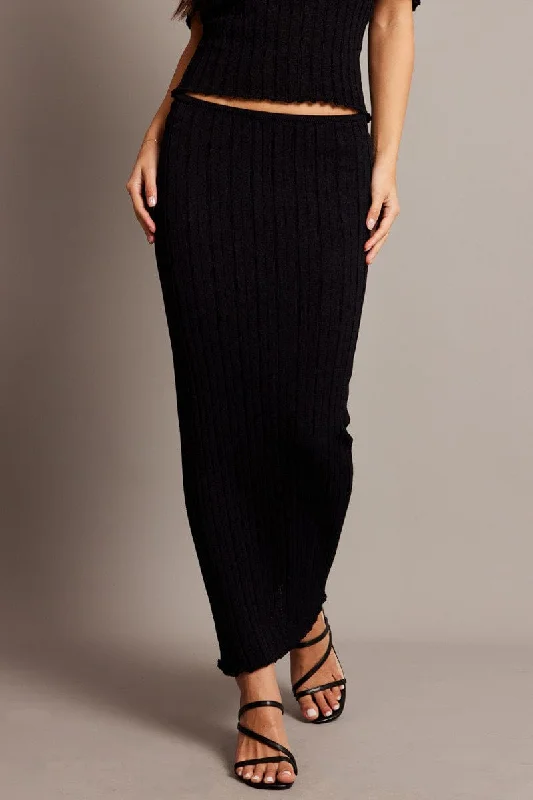 Black Knit Skirt Midi High Rise Relaxed Fit