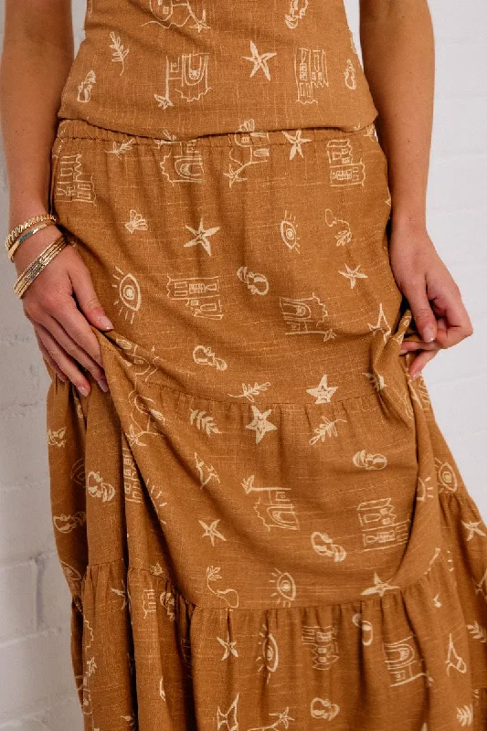 Brown Abstract Maxi Skirt Tiered