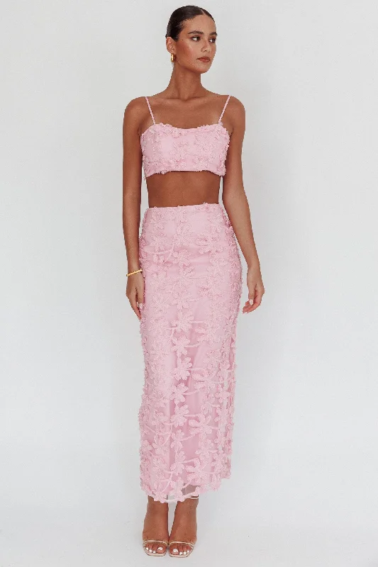 Casi Palm Tree Embroidered Maxi Skirt Baby Pink