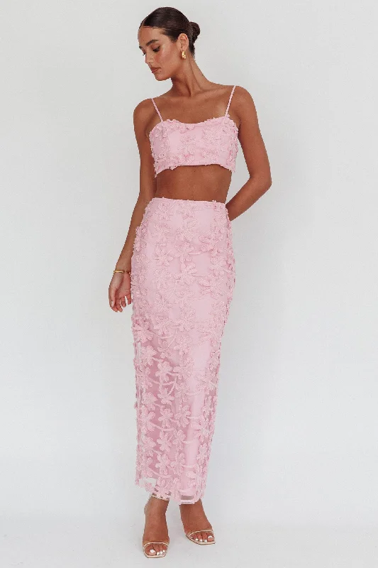 Casi Palm Tree Embroidered Maxi Skirt Baby Pink