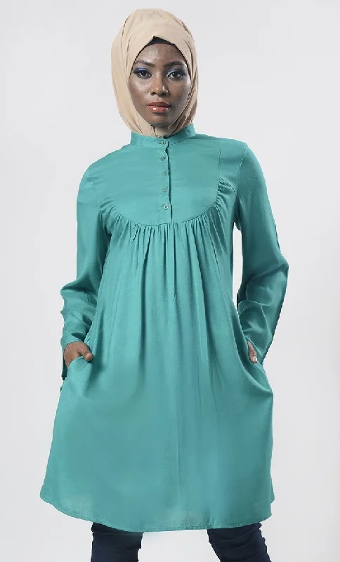 Comfy Everyday wear Pine Green Front Open Button Long Tunic