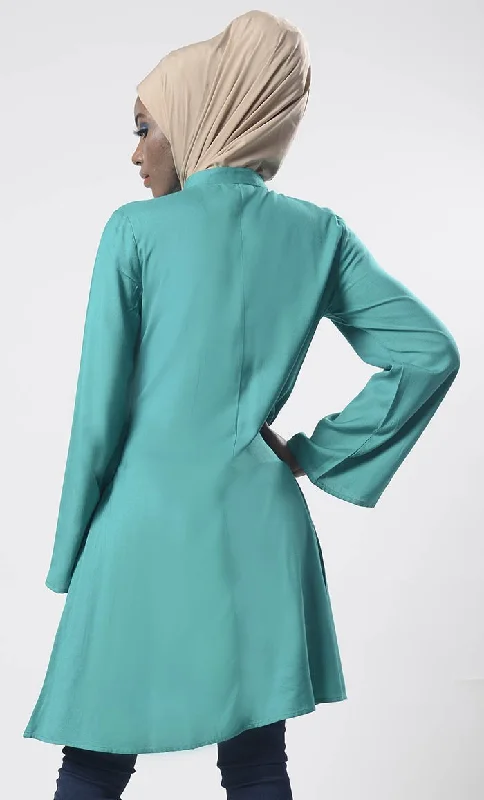 Comfy Everyday wear Pine Green Front Open Button Long Tunic