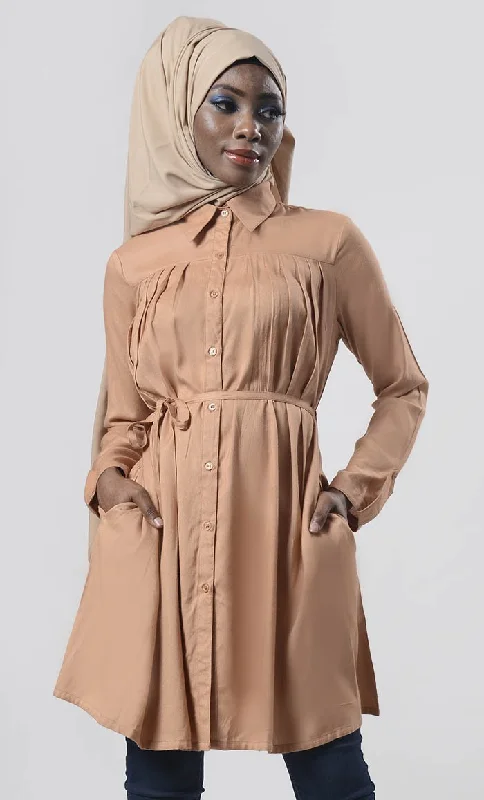 Everyday wear Pale Taupe Front Open Down Button Long Tunic