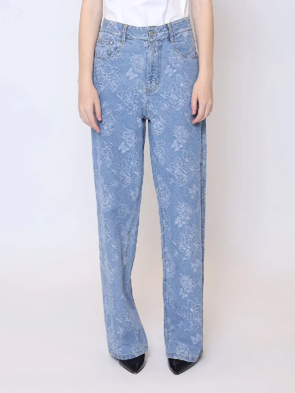 Floral Printed Straight Leg Denim Pants