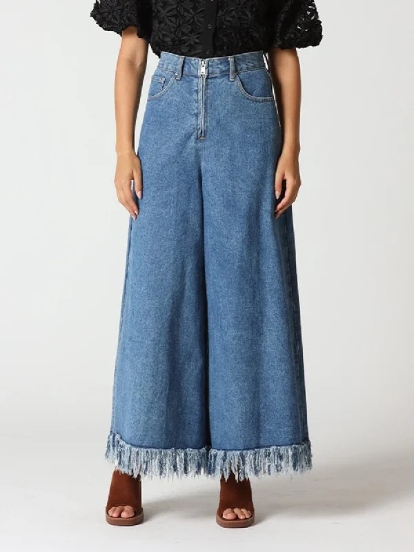 Frayed Raw Hem Wide Leg Slouchy Denim Pants