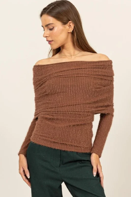 HYFVE Fuzzy Off Shoulder Textured Knit Top