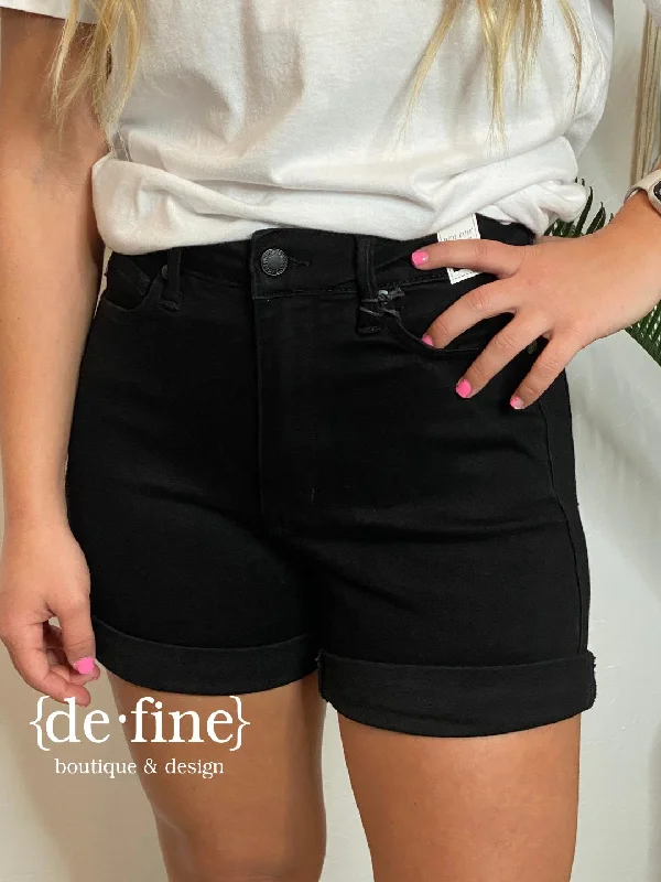 Judy Blue Tummy Control Black Cuffed Shorts in Regular & Curvy