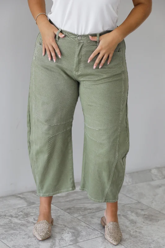 Life Of The Tailgate Mid Rise Barrel Denim: Olive