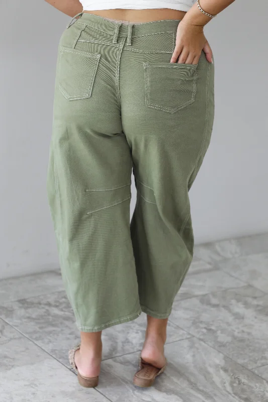 Life Of The Tailgate Mid Rise Barrel Denim: Olive