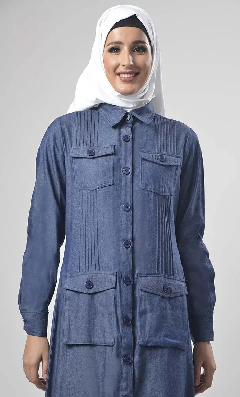 Modest Denim Knife Pleated Detailing Jilbabs