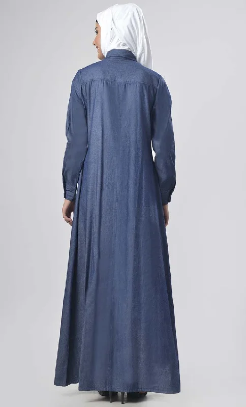 Modest Denim Knife Pleated Detailing Jilbabs