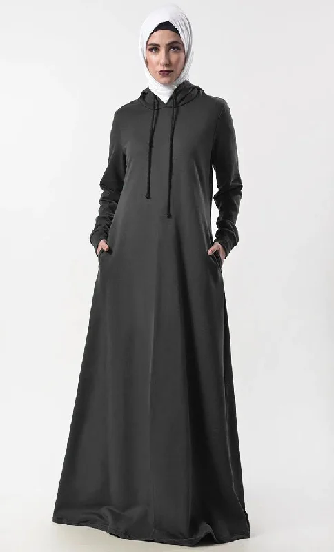 Modest Warm Fleece Hoody Abaya With Pockets