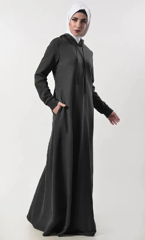 Modest Warm Fleece Hoody Abaya With Pockets