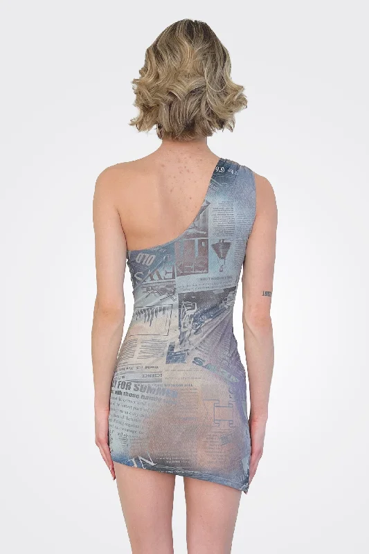 One Shoulder Asym Dress - Blue Multi