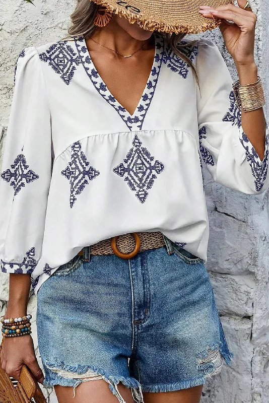 Printed V-Neck Three-Quarter Sleeve Blouse