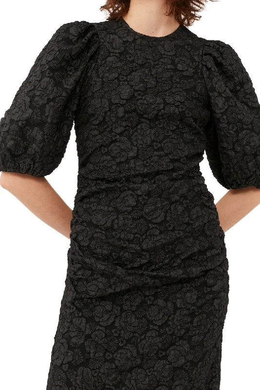 Puff Sleeve Midi Dress - Black Jacquard