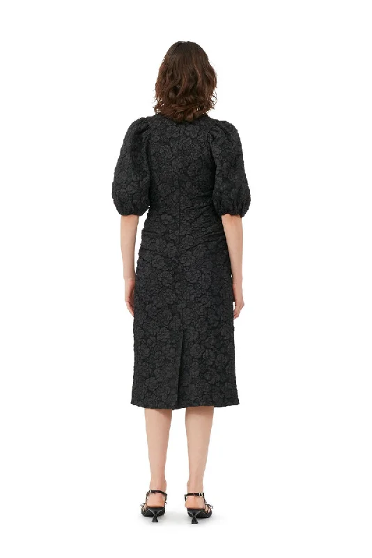 Puff Sleeve Midi Dress - Black Jacquard