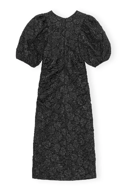 Puff Sleeve Midi Dress - Black Jacquard