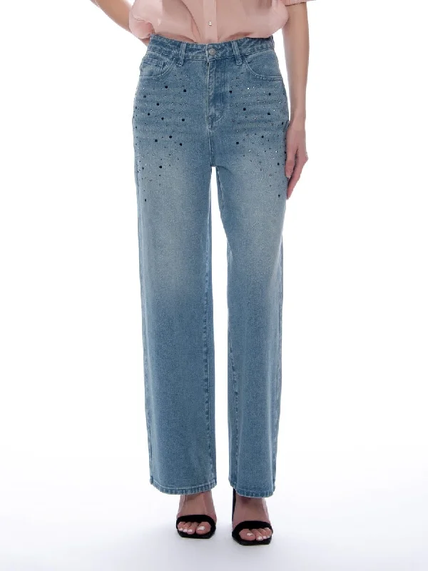 Rhinestone Embellished Wide-Leg Denim Pants