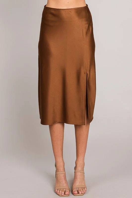 Satin Front Slit Midi Skirt