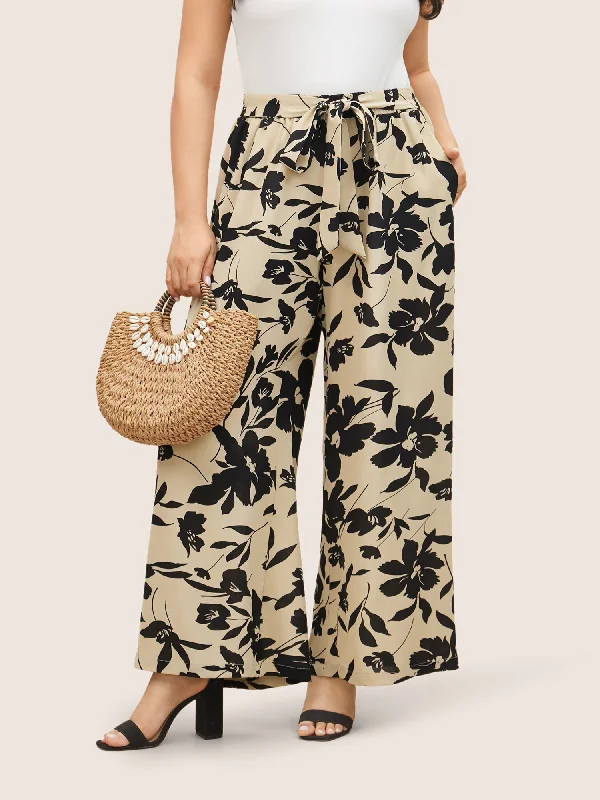 Silhouette Floral Print Ties Side Seam Pocket Pants