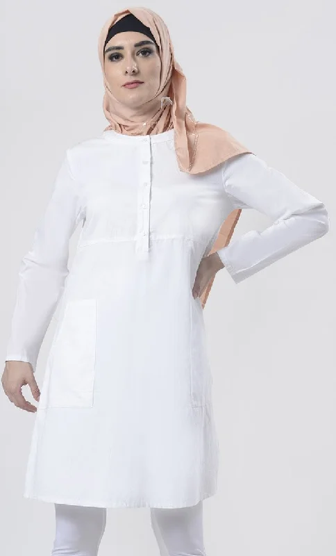 White Sober Everyday wear Front Open Button Long Tunic