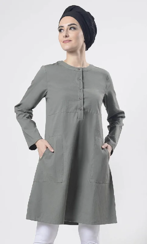 Grey Sober Everydaywear Front Open Button Long Tunic