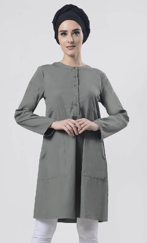 Grey Sober Everydaywear Front Open Button Long Tunic