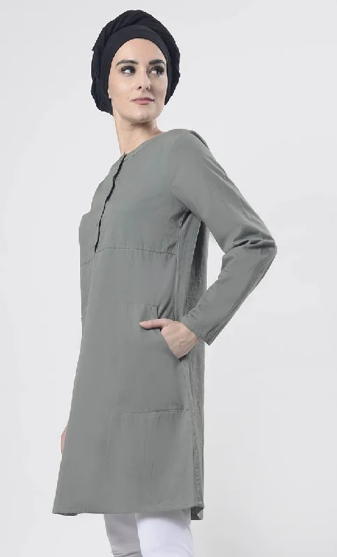 Grey Sober Everydaywear Front Open Button Long Tunic