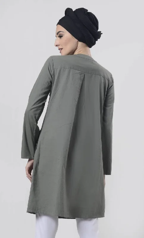 Grey Sober Everydaywear Front Open Button Long Tunic