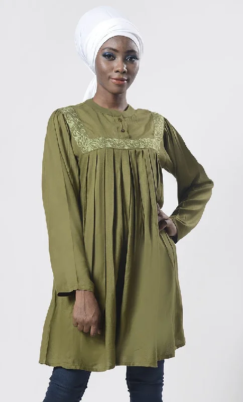 Soft Olive Front Open Button With Aari Work Tunic