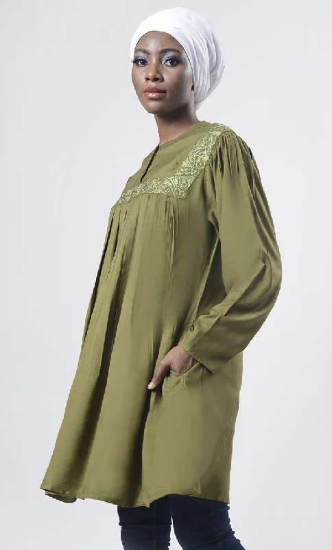 Soft Olive Front Open Button With Aari Work Tunic