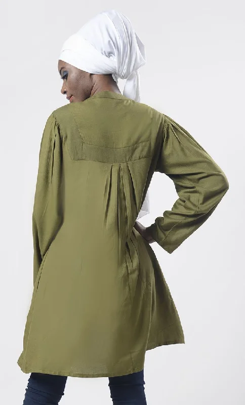 Soft Olive Front Open Button With Aari Work Tunic