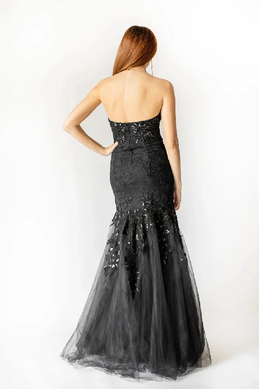 Strapless Tulle Mermaid Gown - Black