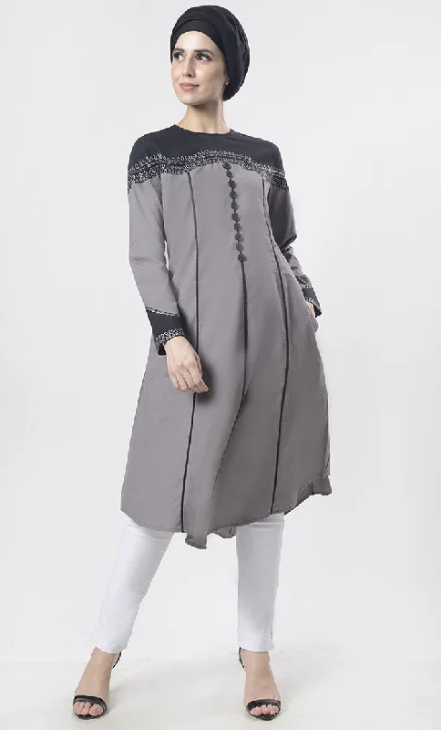 Superb black Piping Detailing With Aari Work Tunic