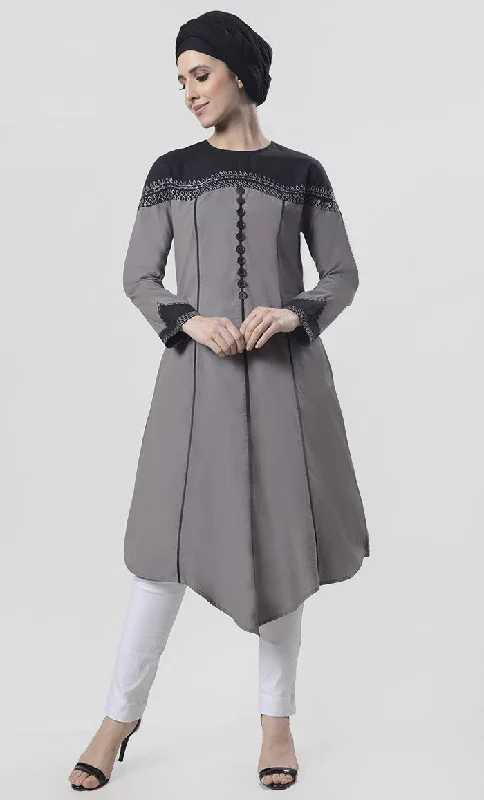 Superb black Piping Detailing With Aari Work Tunic