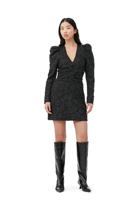 V Neck Mini Dress - Black Jacquard