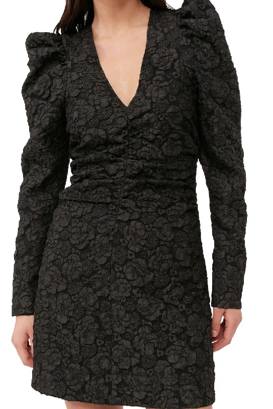 V Neck Mini Dress - Black Jacquard