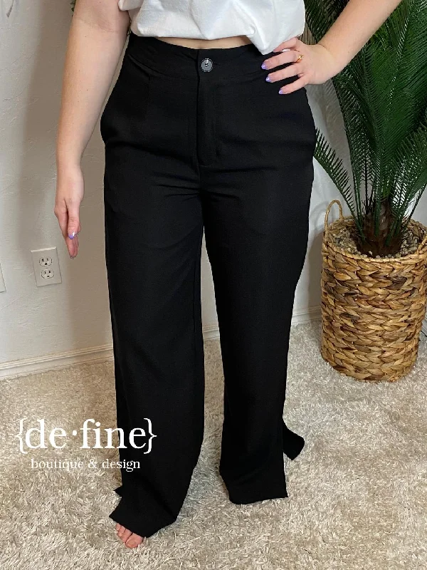 Wide Leg Black Pants with Side Slit at Ankle