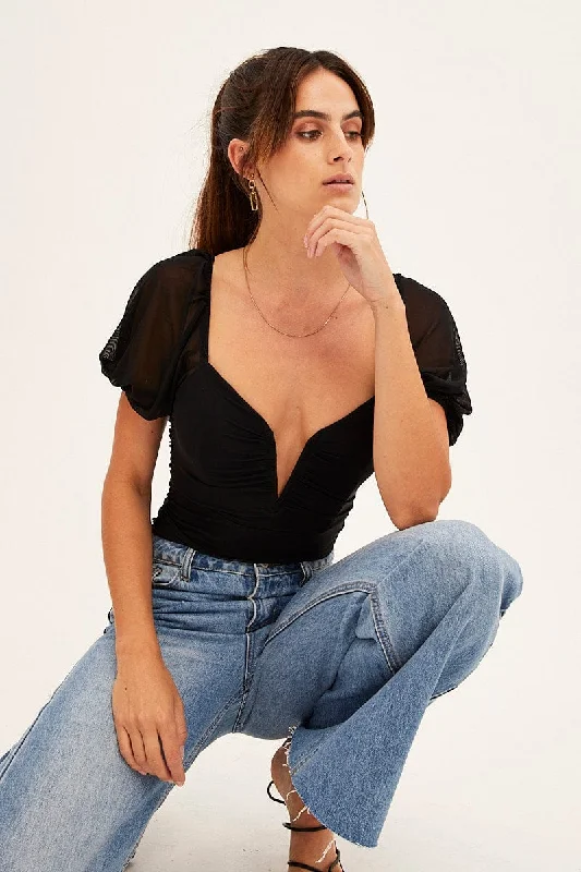 Black Bodysuit Short Sleeve V Notched Front Mesh Jersey